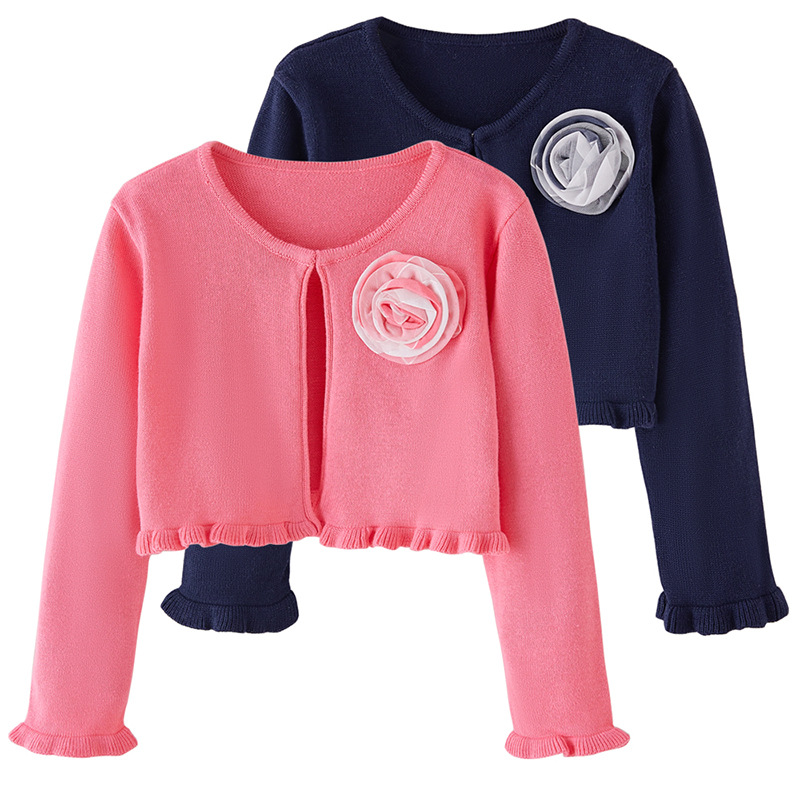 Cardigan en tricot à dentelle florale pour filles et mères – Pull en coton doux pour le printemps et l'automne pour tout-petits et enfants (3-8 ans, 100-140 cm) – Bleu marine et rose_voghion.com