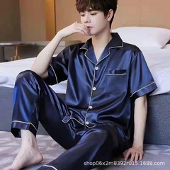 アイスパジャマ男性夏の薄いシルク男性半袖長ズボンシンプルカジュアル家庭服セット春と秋