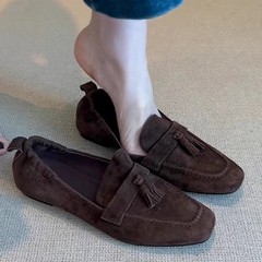 羊皮版~真皮复古方头流苏一脚蹬乐福鞋女通勤百搭平底小皮鞋单鞋