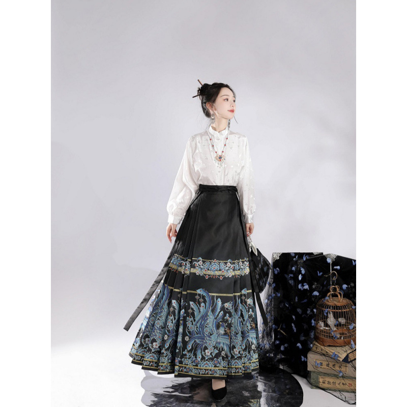 Phoenix Flying: Imitation Jadeite Brocade Floral Horse Face Skirt, Vintage New Chinese Style Slimming Long Skirt with National Style