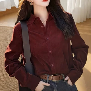 复古灯芯绒衬衫女法式叠穿内搭衬衣外套宽松休闲遮肉长袖上衣百搭