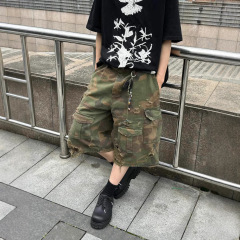 AIDOTE デストロイカモフラージュ ストーンウォッシュ加工 オールドクロップドパンツ アメリカンリッピングオーバーオール ルーズワイドレッグショーツ
