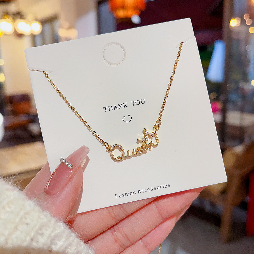 Titanium Steel Material Letter, Crown Pattern Women'S Gender Wholesale Jewelry Luxurious Letter Crown Titanium Steel Zircon Inlay Necklace