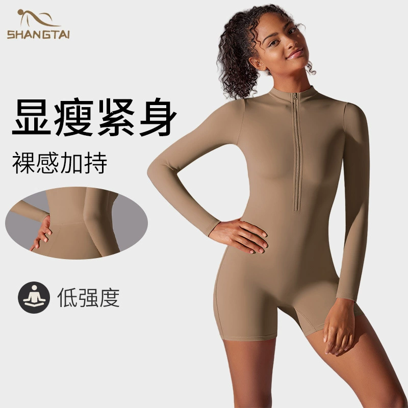 Sports bodysuit full-body with zipper, yoga clothing, underwear for hips shape correction, long-sleeve for gym, autumn, European style, fitted, for running