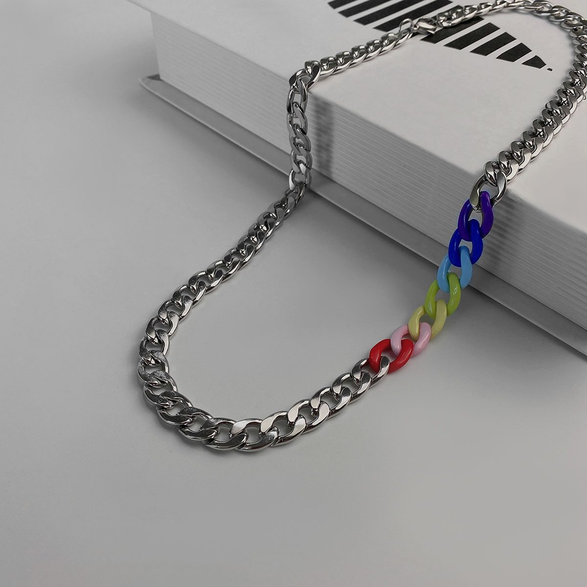 fashion simple geometric hollow chain colorful stitching titanium steel necklace