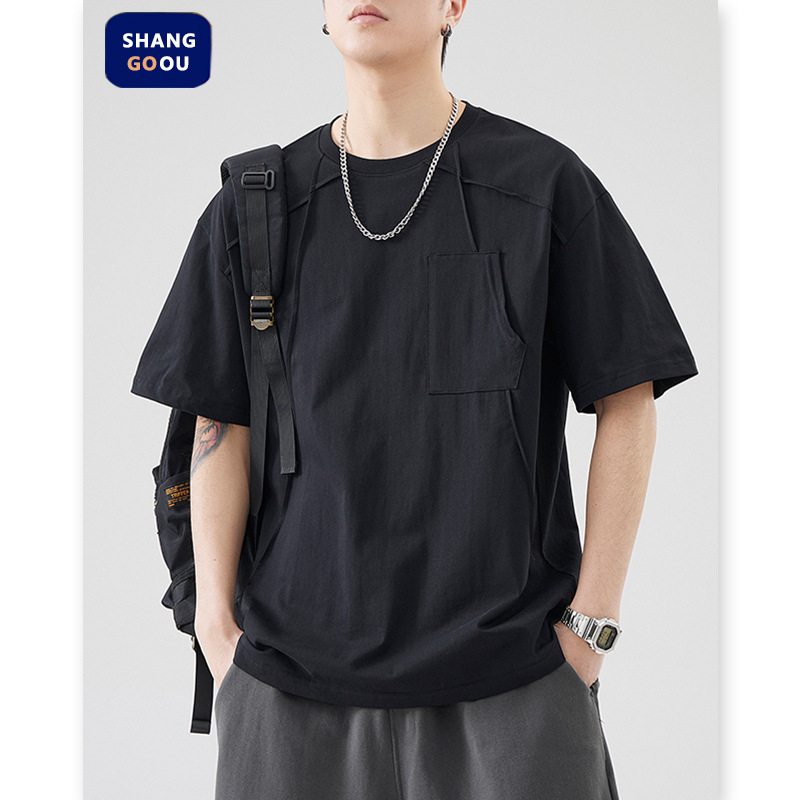 Shanggu men's clothing American fashion brand niche stitching pocket short-sleeved T-shirt men's design loose all-match T-shirt