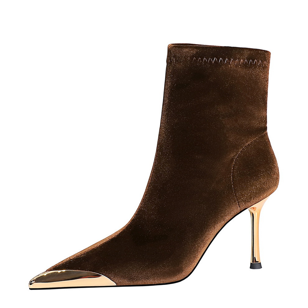319-10 style banquet short tube women's boots with super high heels, thin heels, shallow mouth, metal pointed toe, Xishi suede short boots
