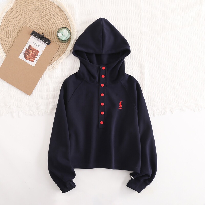 Flev [Fleece Sweatshirt] Designer Hooded Snap-Button Long-Sleeved Sweatshirt for Women, Autumn and Winter Fashionable and Versatile Drawstring Top