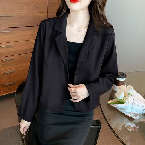 Women's Khaki Color Small Suit Jacket Spring and Autumn Korean Style Versatile High-end Short-Sleeve Top for Petite Figures