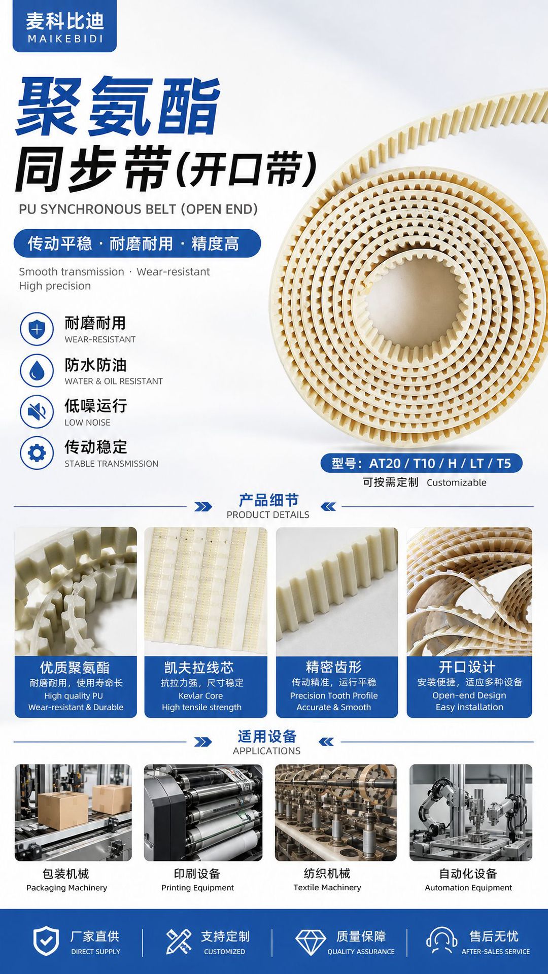 Factory Direct Supply of Transmission Polyurethane Kevlar Core Synchronous Belt At20T10Hlt10 Open Belt