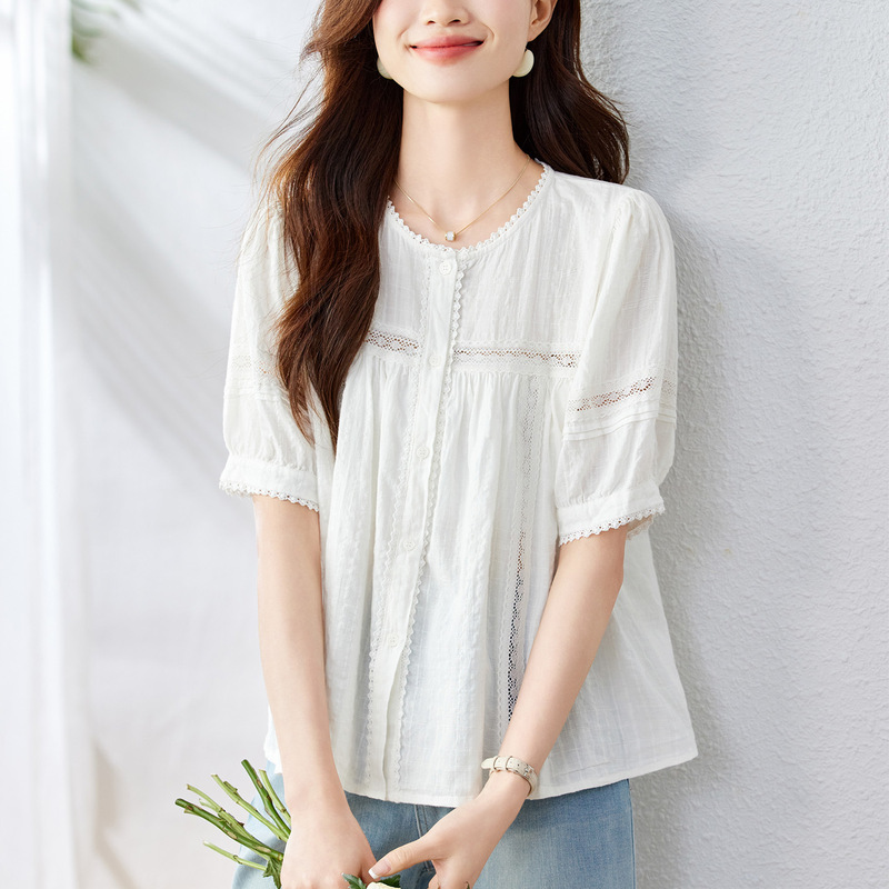 Cotton Cocoon French-Style Pure Cotton White Short-Sleeve Shirt for Women, 2026 New Model, Petite Lace-Trimmed Puff Sleeve Top Cotton Cocoon French-Style Pure Cotton White Short-Sleeve Shirt for Women, 2026 New Model, Petite Lace-Trimmed Puff Sleeve Top