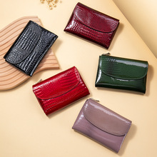 软皮质感短款钱包女士时尚漆皮手拿包真皮鳄鱼纹气质钱夹大容量