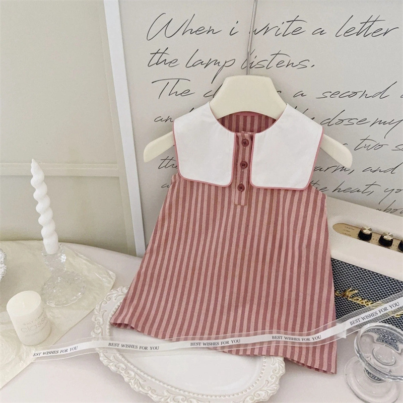 ¡Ciao Yan Qi es muy lindo! Bebé femenino con solapa bola rayas vestido sin mangas verano nuevo vestido universitario