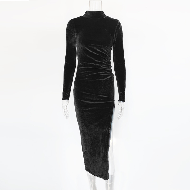 Elegant High Neck Long Sleeve Dress Pleated Design Side Slit Fashionable Style Perfect for Autumn and Winter Events