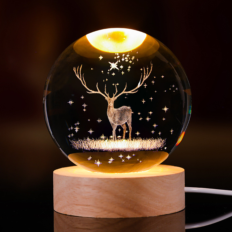 Bola de cristal luminosa lámpara de noche 3D esculpida estrella base de madera sólida regalo de cumpleaños decoración de escritorio creativa
