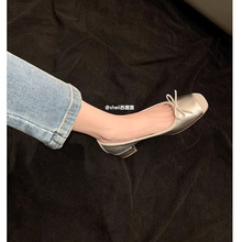 真皮版~法式银色中跟高跟鞋女2024年新款玛丽珍女鞋方头粗跟单鞋