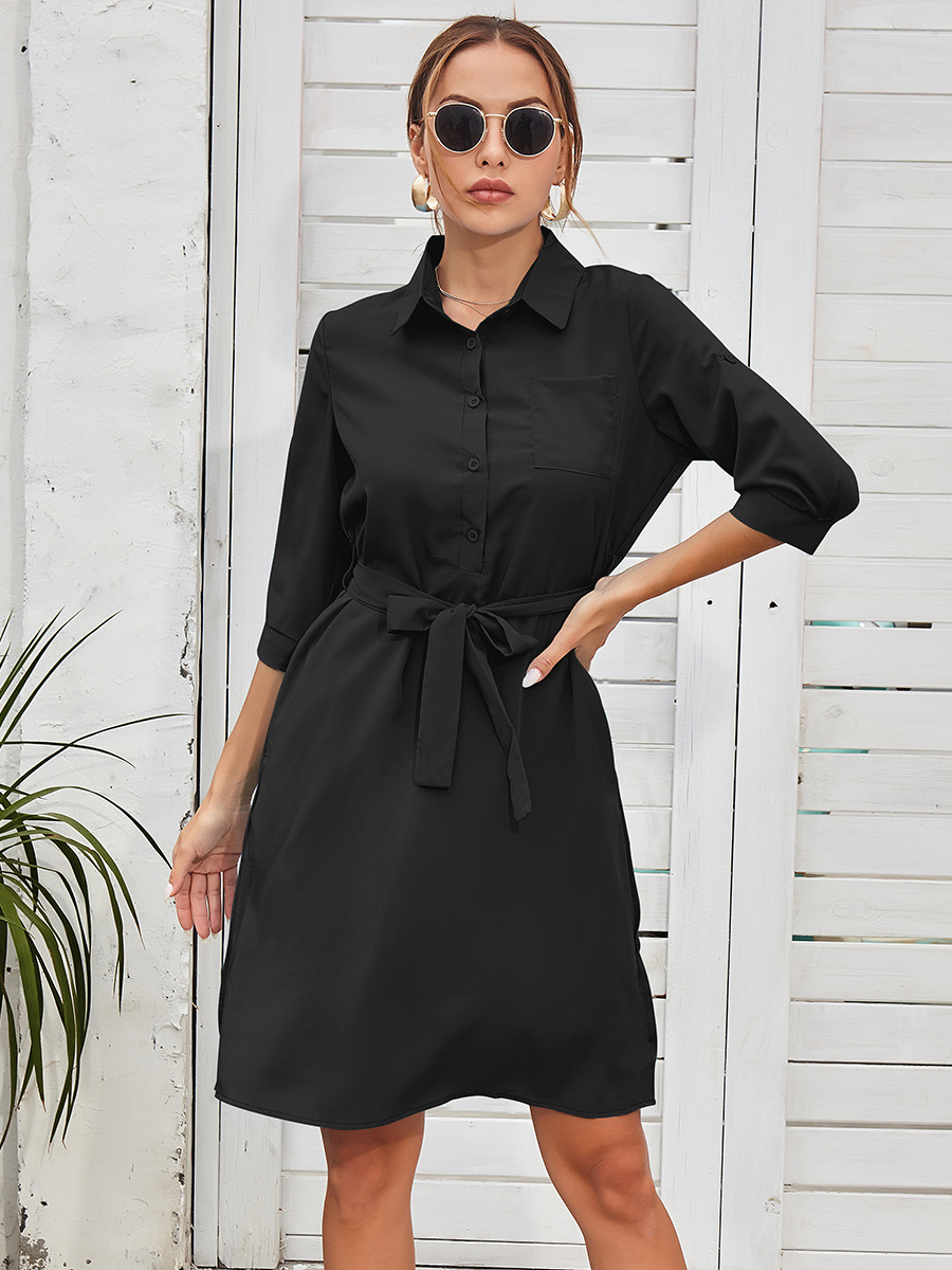 Belt Solid Color Shirt Dress NSAL48488