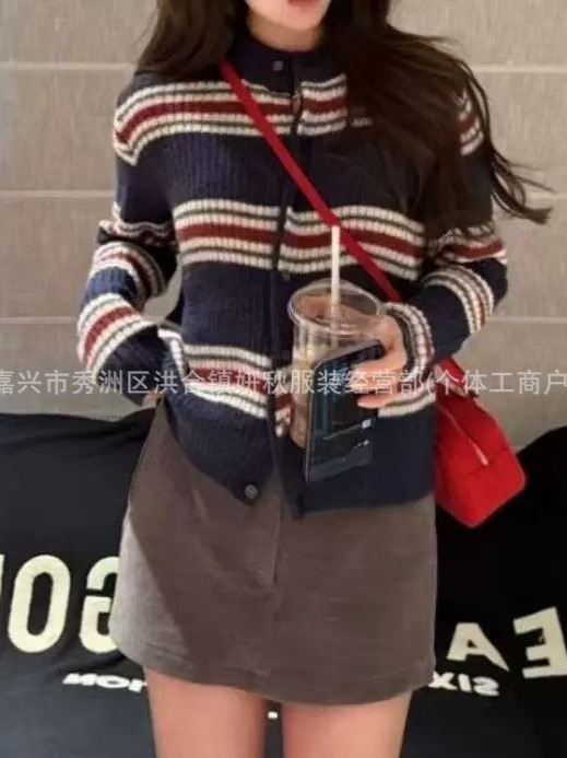 欧货时尚撞色圆领条纹毛衣开衫女秋冬宽松百搭小众设计感针织上衣|undefined