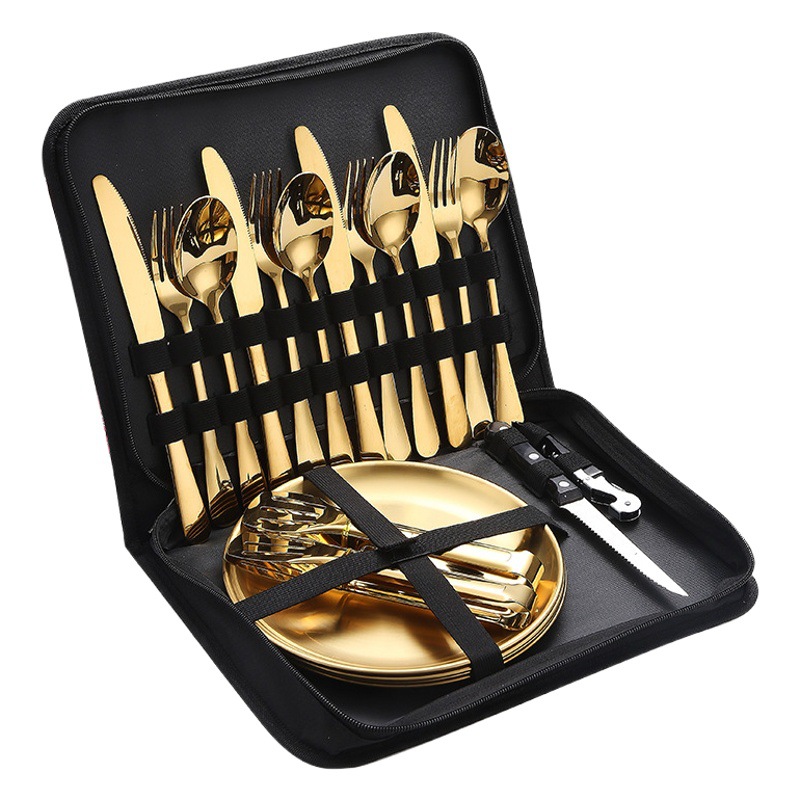 Fabricante transfronterizo Juego de vajilla al aire libre de acero inoxidable Camping Picnics Cuchillo tenedor Cuchara Juego de plato Comida portátil al aire libre