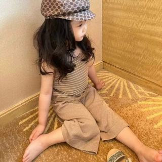 女童时髦条纹流苏吊带衫鎏金凉凉9分阔腿裤夏季新款儿童闪闪套装