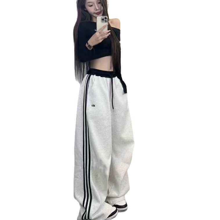 美式复古三条杠运动裤女2025秋冬款高腰抽绳显瘦运动阔腿裤子女|undefined