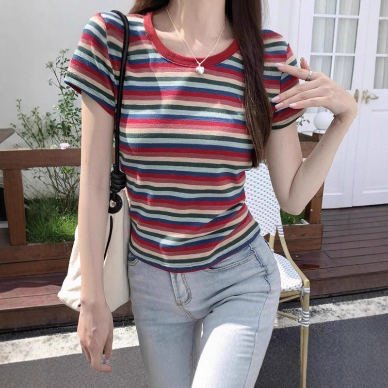 Rainbow Striped T-Shirt for Women, Summer Regular Shoulder Fit, New 2025 Fashion Versatile Round Neck Casual Short-Sleeve Top Rainbow Striped T-Shirt for Women, Summer Regular Shoulder Fit, New 2025 Fashion Versatile Round Neck Casual Short-Sleeve Top