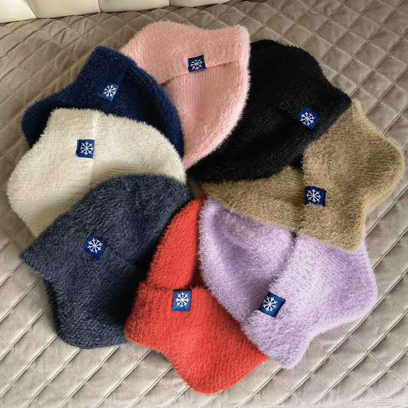 韓国版の厚みのあるニットウールラベル耳保護帽子、女性用、冬のファッショナブルで多用途な暖かい無地の耳保護帽子|undefined