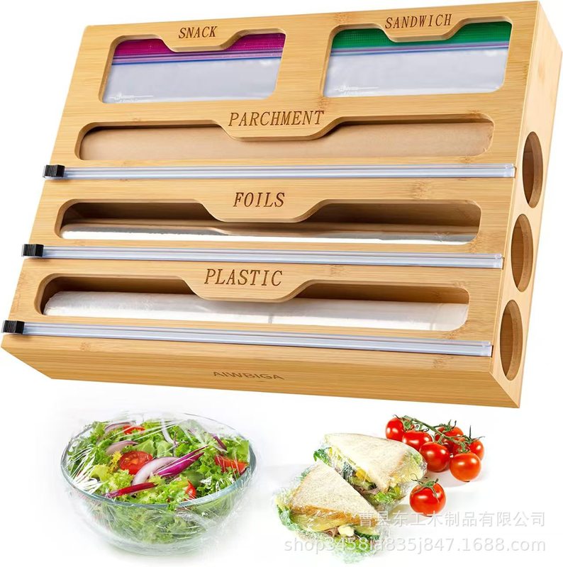 竹製の生鮮食品ラップカッター、分割されたアルミホイルの壁掛け引き出し型収納ボックス|undefined