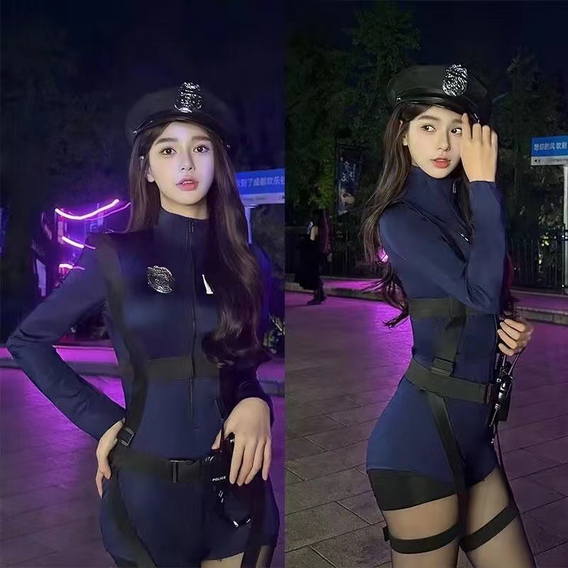 Sexy Policewoman Cosplay Uniform Set with Hat, Tight Jumpsuit, One Size — detail image 8