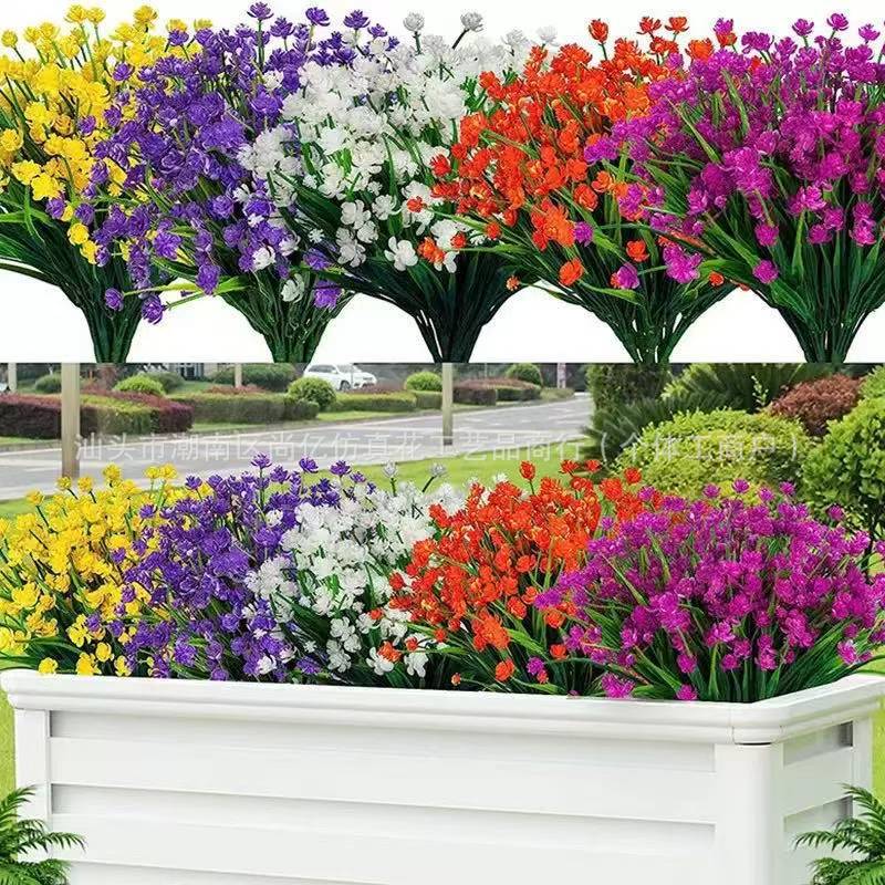 아마존 야외 장식 플라스틱 꽃 7 포크 시뮬레이션 봄 잔디 동백 별이 빛나는 하늘 꽃꽂이 녹색 식물 조경 식물