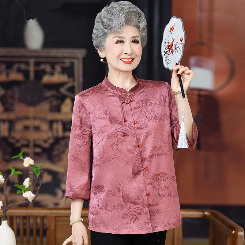 Бабушка весенняя рубашка новый пожилая мама с круглым вырезом рубашка девятиочечные рукава старушка летняя одежда