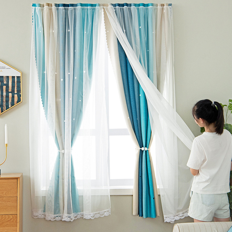 Cortina de Velcro perforación-libre instalación dormitorio sombreado neto rojo hueco estrella gradiente de doble capa integrado producto terminado al por mayor