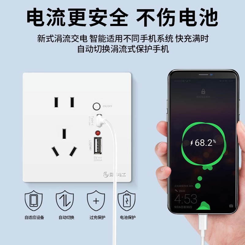 International Electrical 86-type five-hole Type-C fast charging plug panel switch with USB port mobile charging plug