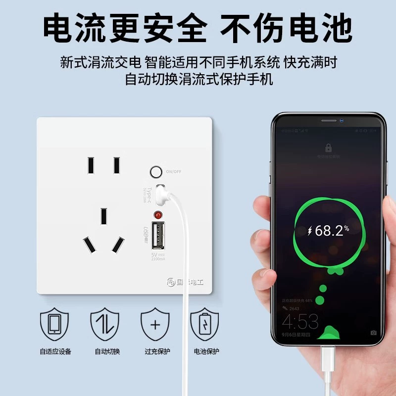 International Electric Type 86 Five-hole Type-C fast charge plug panel switch with USB interface mobile phone charging socket