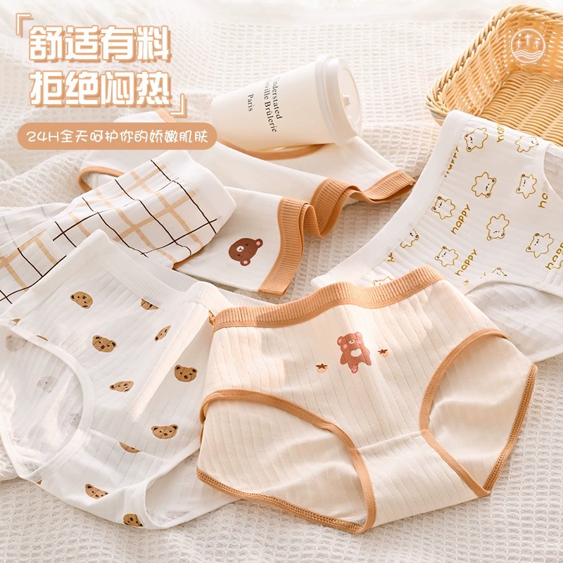 Японское нижнее белье со средней талией для женщин, удобная внутренняя промежность, дышащий мультяшный медведь, мягкие и милые, милые студенческие трусы для девочек