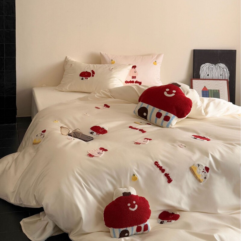 Cartoon Children's Cotton Long-staple Cotton Four-piece Set Cute Fresh Towel Embroidered Quilt Cover Bedding