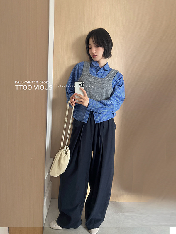 TTOO VOUIS休闲知性文艺风毛织外传背心细格纹长袖衬衫两件套女|undefined