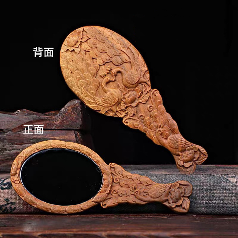 Peach wood makeup mirror double-sided carving peacock open screen mirror portable mini peach wood crafts mirror wholesale