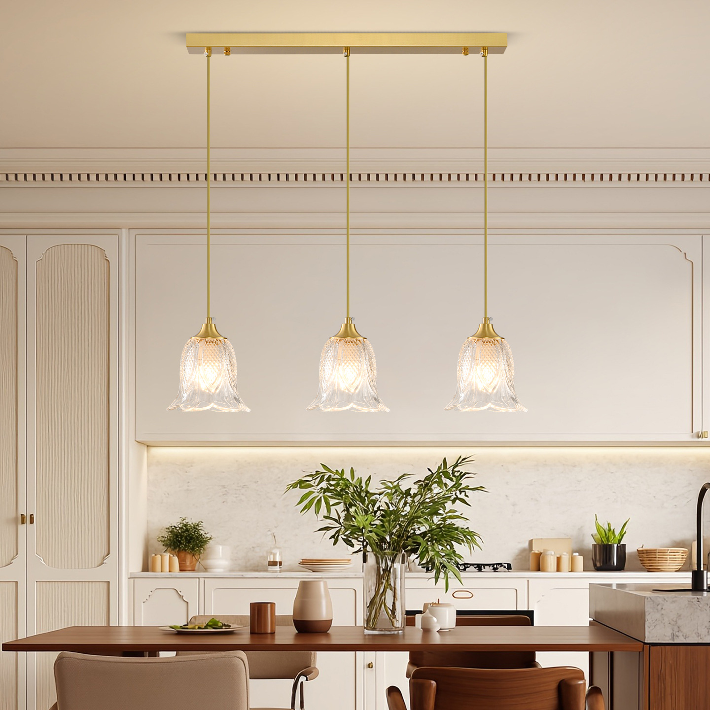 Lámpara de salón de cobre francesa lujo ligero y simple moderno nuevo restaurante cristal sala de flores europeas lámparas 413L