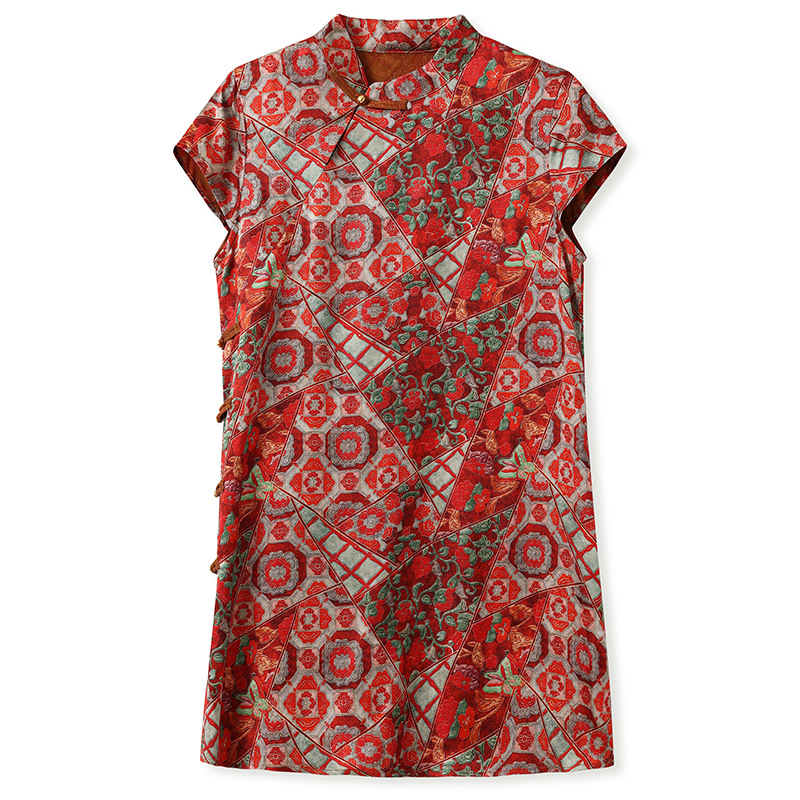 Đầm suông midi chữ A vải rayon thêu hoa cách tân cổ điển Trung Quốc — Màu đỏ san hô, Màu caramel