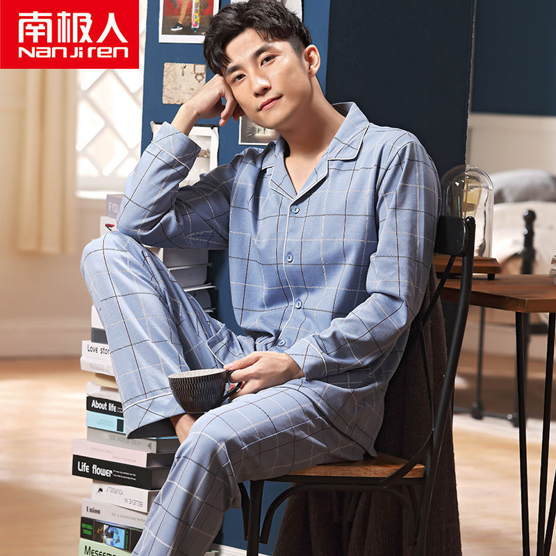 Pijamas de los hombres de manga larga de primavera y otoño 100% algodón de la Juventud de mediana edad más el tamaño de ocio ropa de casa traje