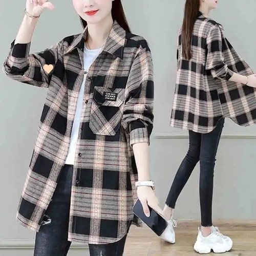 Mom's Cotton Shirt, Versatile Spring and Autumn Long-Sleeve Checkered Blouse for Women, Middle-Aged Women's Thin Checkered Jacket, Women's Cardigan Top