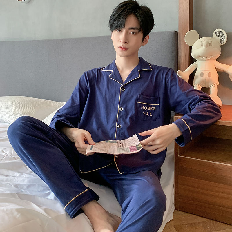 100% pijamas de algodón de manga larga de los hombres más el tamaño de los hombres de verano conjunto de dos piezas de primavera y otoño de los hombres traje de desgaste para el hogar