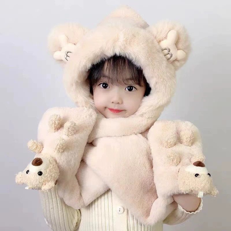 Children's hat, scarf, winter gloves, keep warm windproof baby cap, set, with little bears, 3 piece set