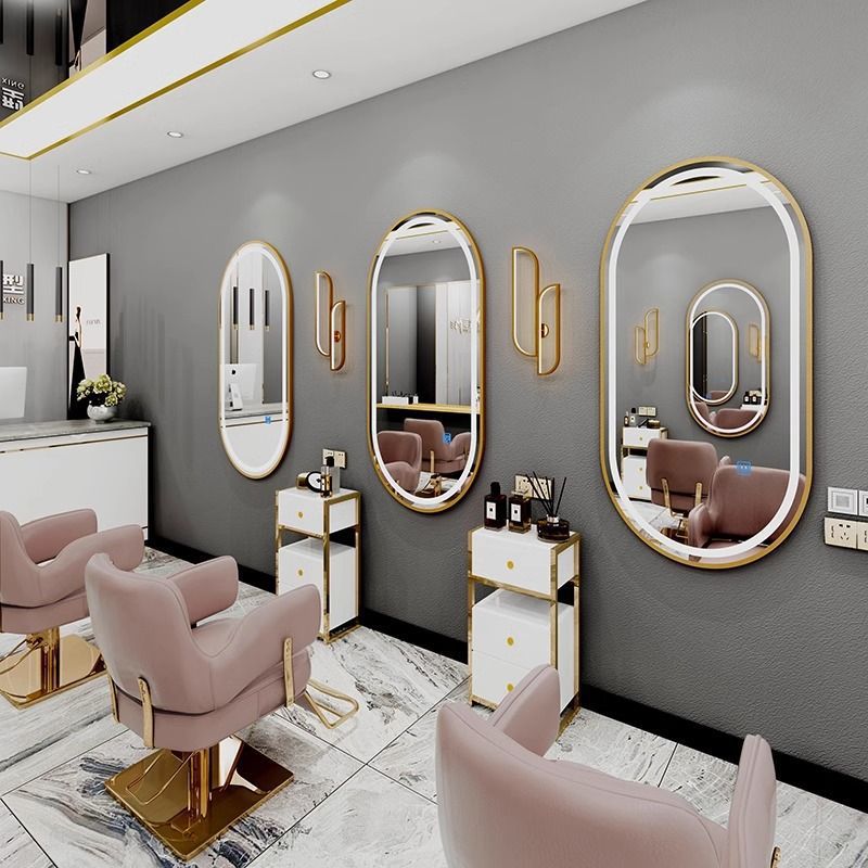 Barbería simple decoración espejo rojo en línea espejo con lámpara marea pared de un solo lado espejo peluquería image 19