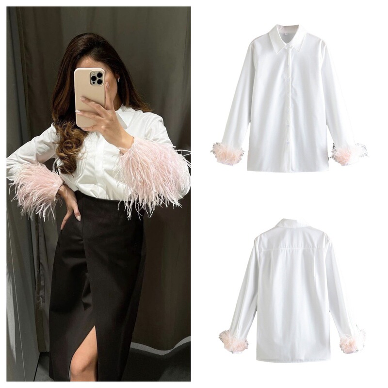 2025 Cross-Border Wholesale European and American Summer Women's Clothing Cuff Feather Decoration Casual Lapel Shirt Tops for Women 2025 Cross-Border Wholesale European and American Summer Women's Clothing Cuff Feather Decoration Casual Lapel Shirt Tops for Women