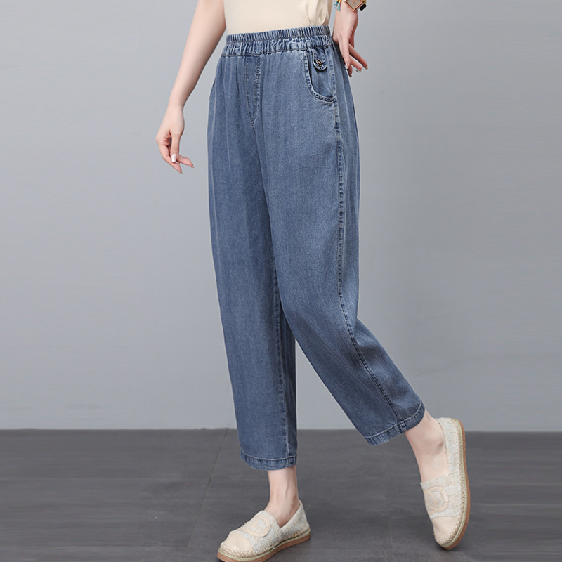 Tencel Jeans Women's Summer Thin 2025 New Middle-Aged Mother Elastic Waist Nine-Point Pants Casual Harem Daddy Pants