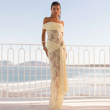 D25DS338欧美女装秋季新款纯色网纱拼接蕾丝一字肩飘带绑结连衣裙