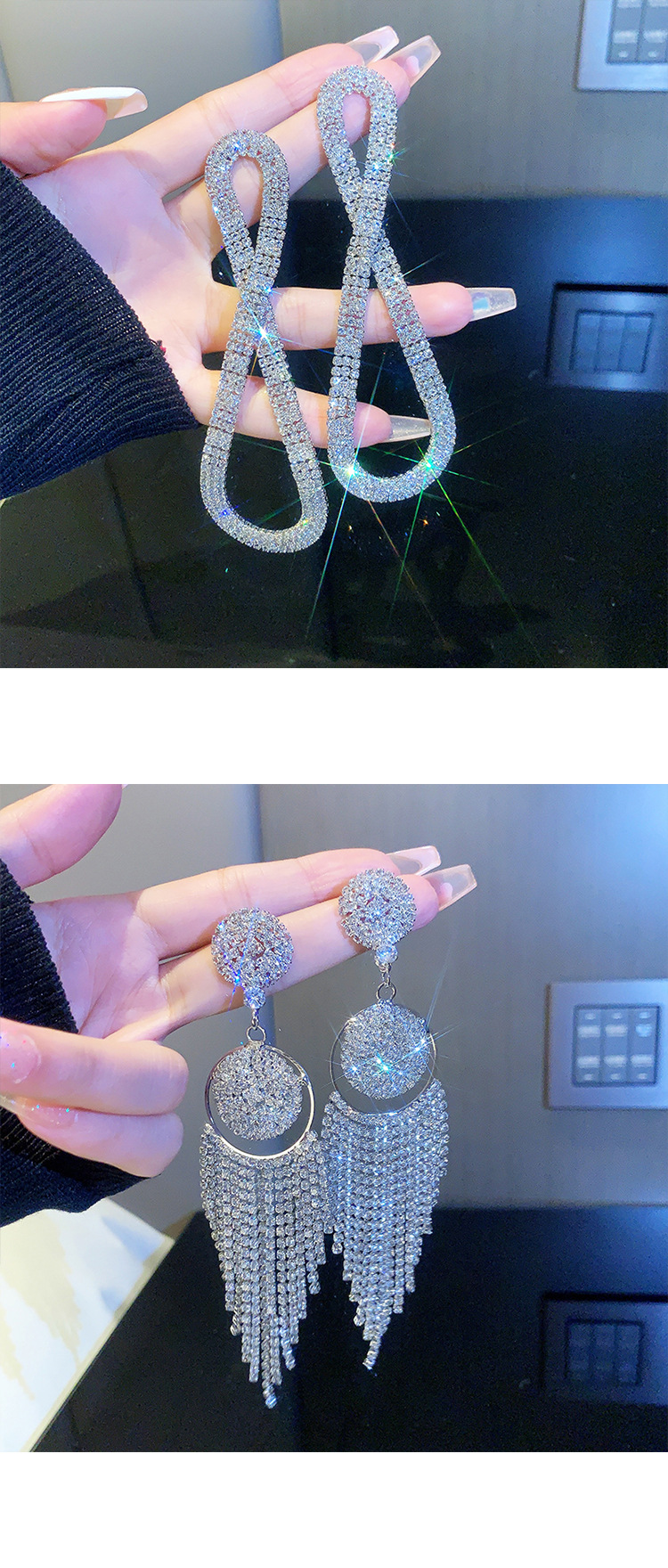 Retro full diamond long tassel earrings for women in Europe and America, exaggerated temperament, earrings, high-end feeling, light luxury earrings_voghion.com