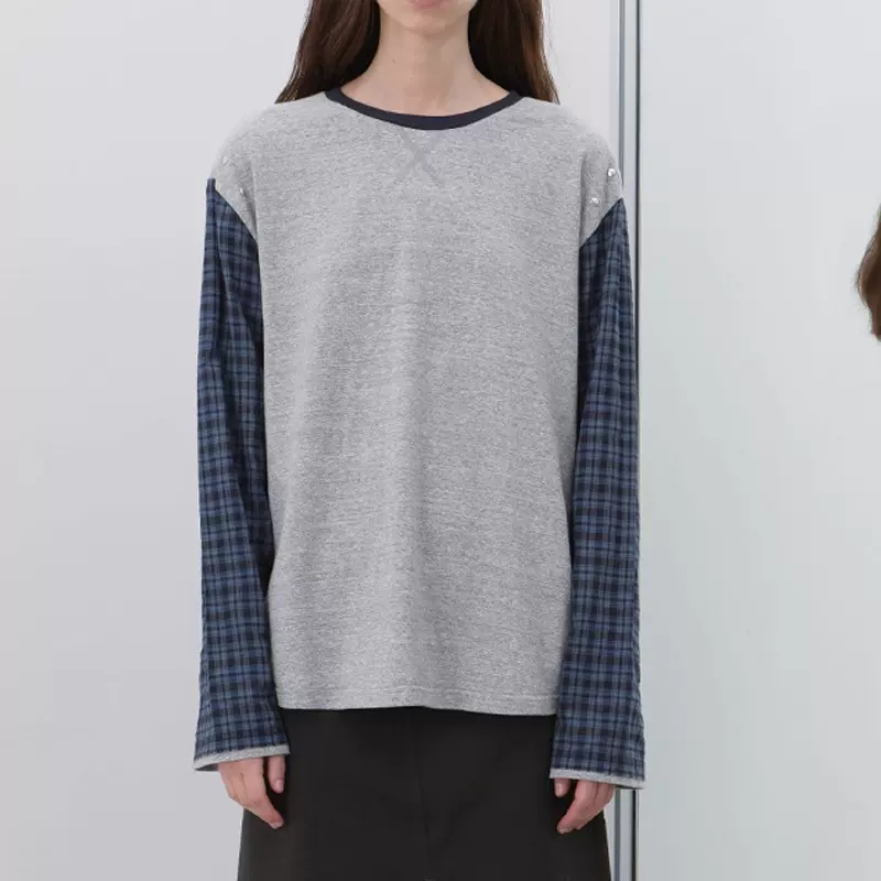 sagestu 淡花灰格纹撞钉拼接长袖T恤2025秋季新款休闲百搭上衣